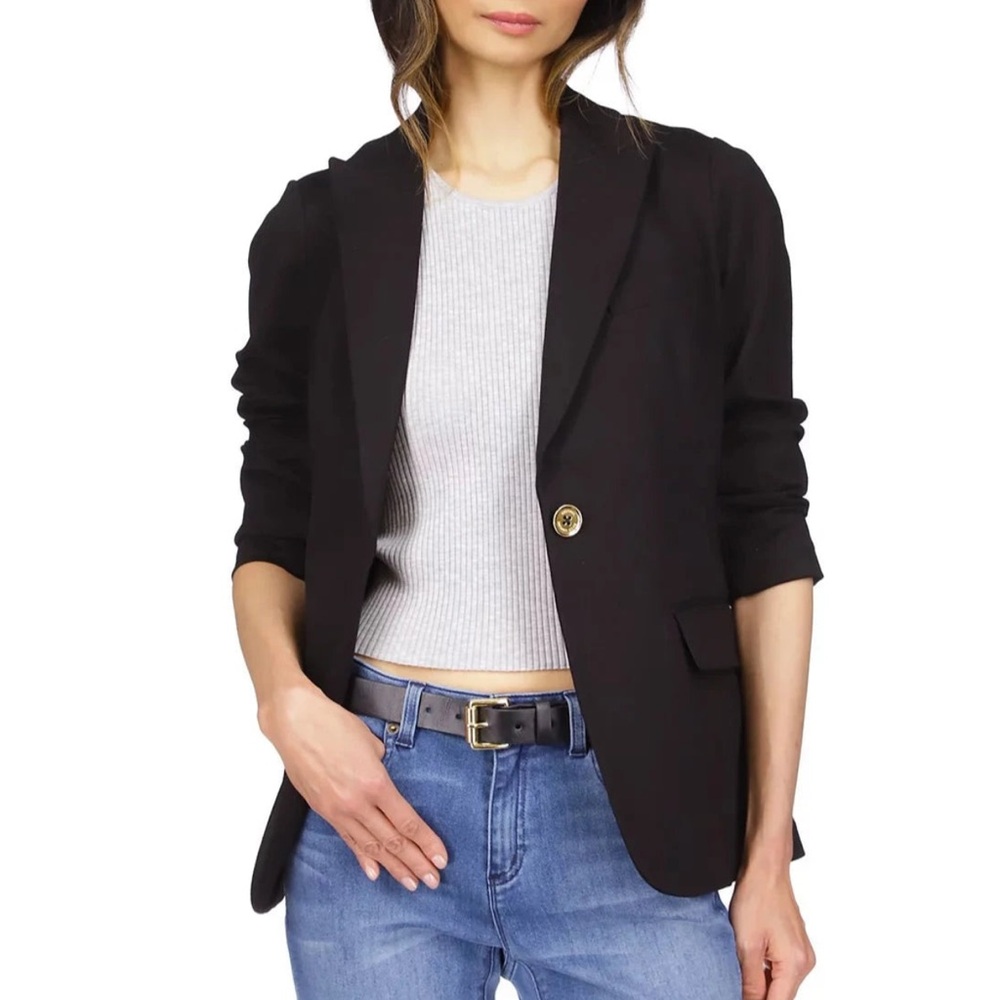 Michael Kors Ponte Knit Notch Lapel Flap Pocket Button Front Blazer Black M